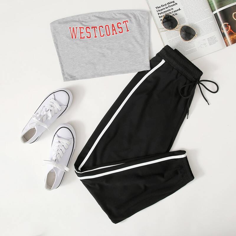 

Letter Tube Top & Contrast Striped Sweatpants, Multicolor