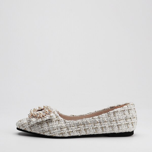 

Faux Pearl Decor Tweed Flats, Beige