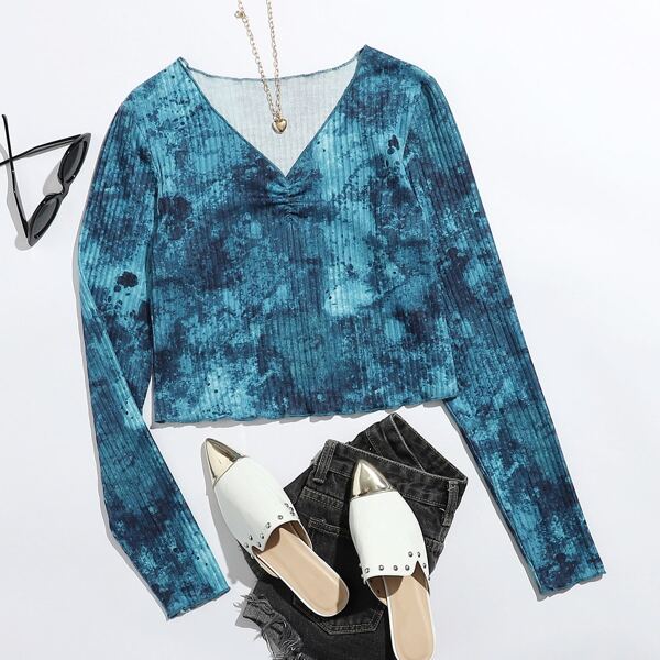 

V-neck Tie Dye Lettuce Trim Rib-knit Tee, Blue