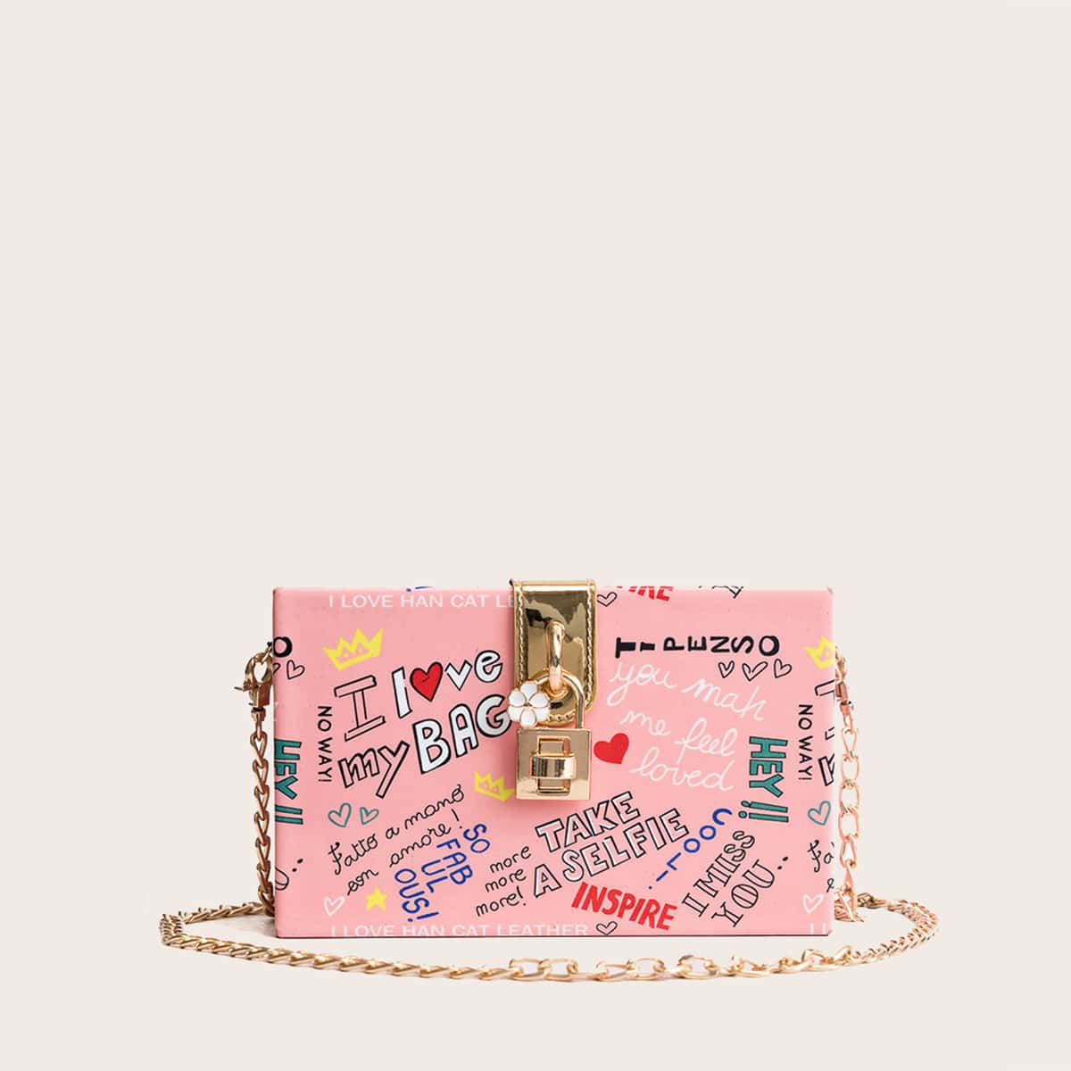 

Slogan Graphic Chain Box Bag, Multicolor