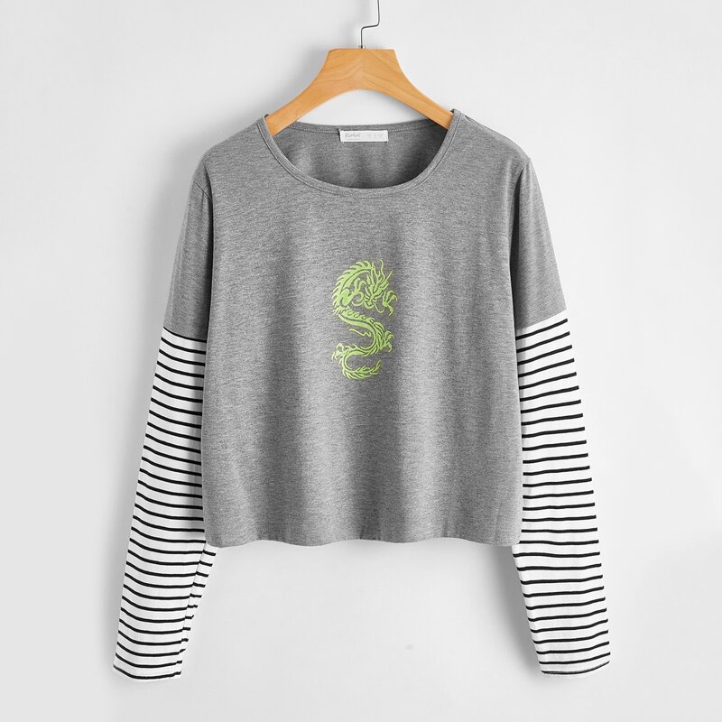 

2 In 1 Striped Chinese Dragon Graphic Tee, Multicolor