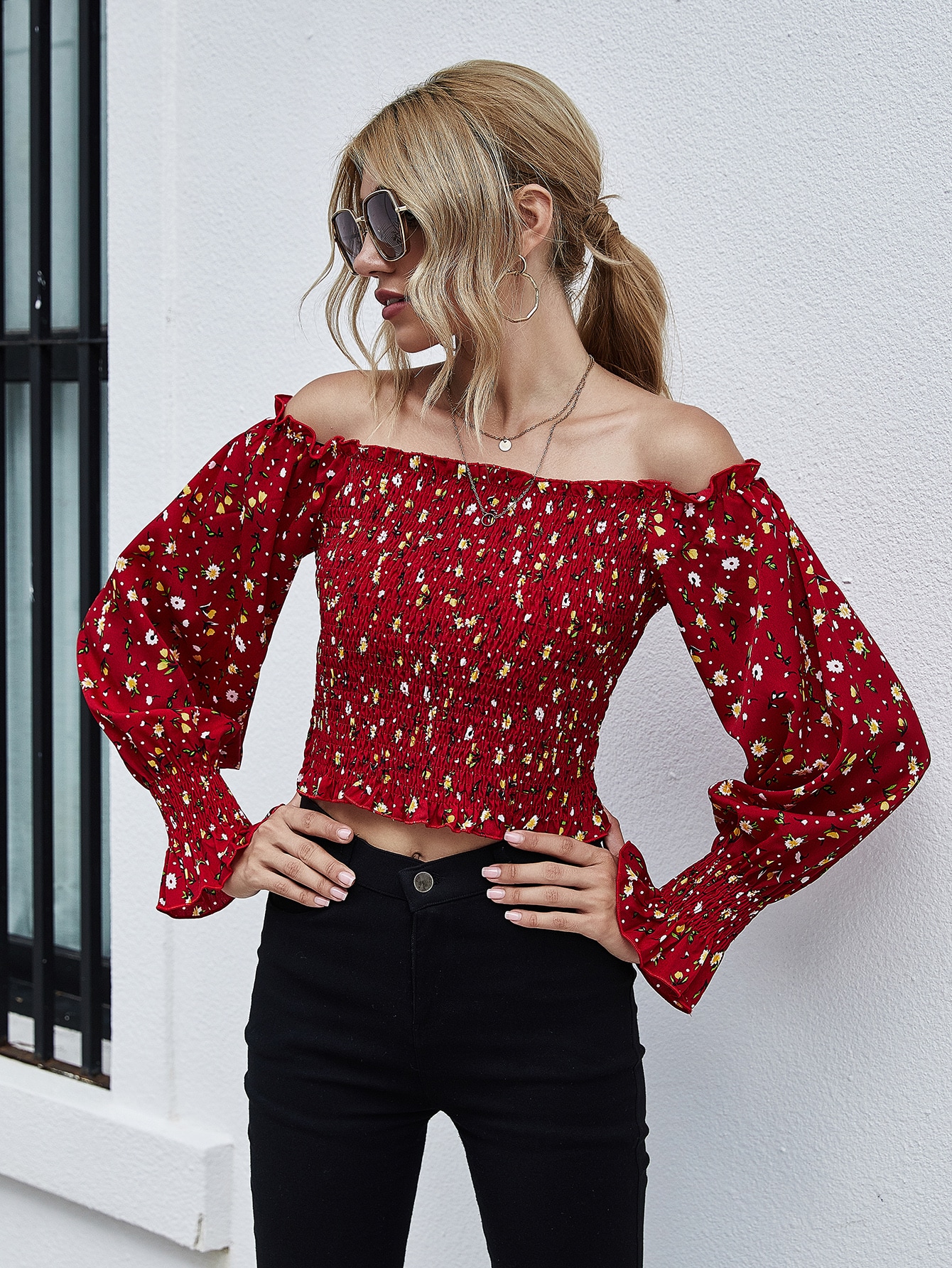 Ditsy Floral Print Ruffle Trim Shirred Bardot Top thumbnail