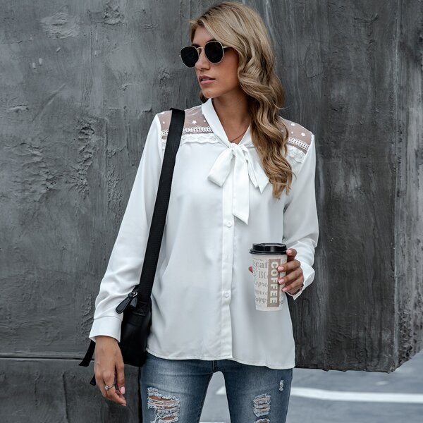 

Tie Neck Embroidered Mesh Insert Blouse, White