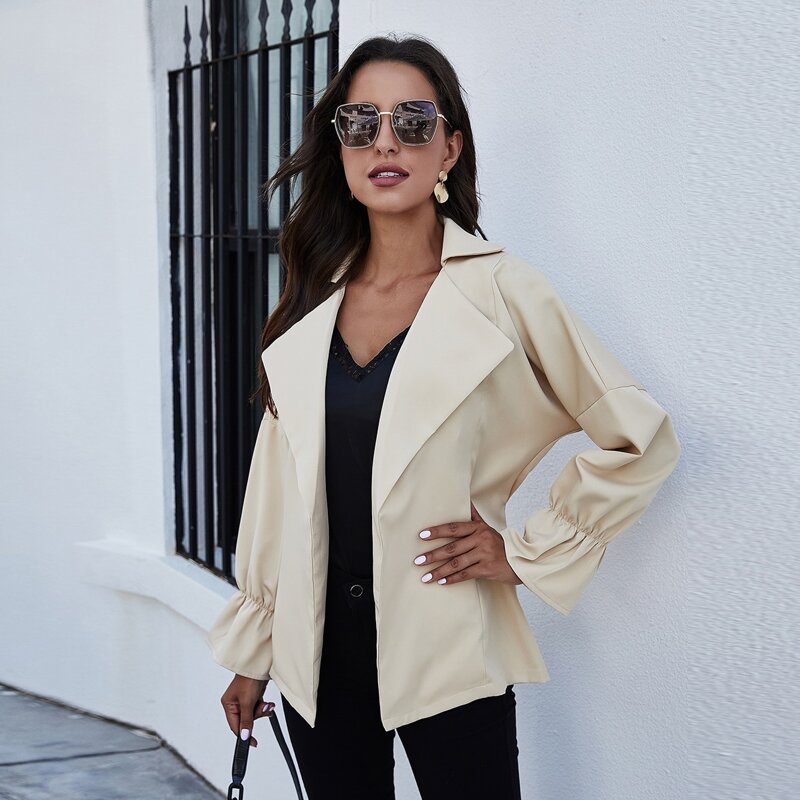 

Notch Collar Flounce Sleeve Open Front Coat, Beige