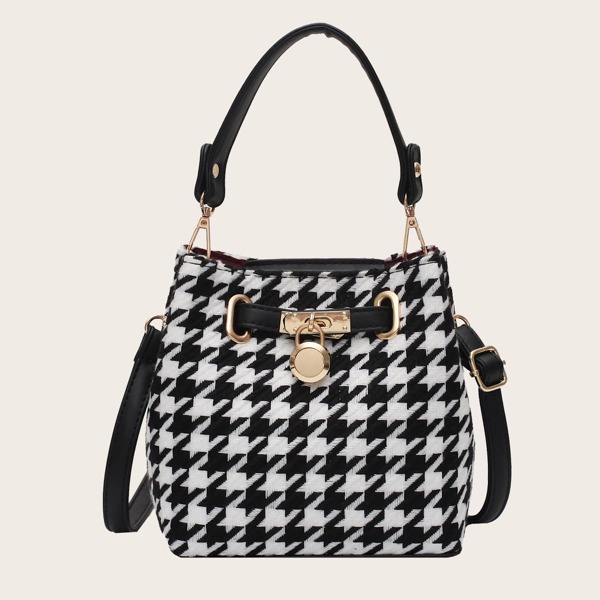 

Houndstooth Graphic Bucket Bag, Black and white