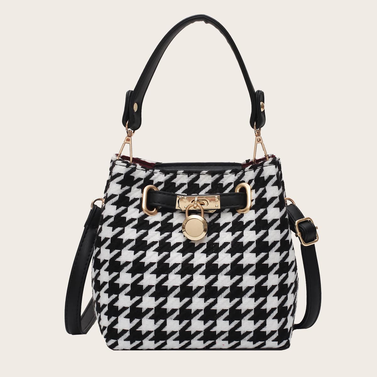 

Houndstooth Graphic Bucket Bag, Black and white