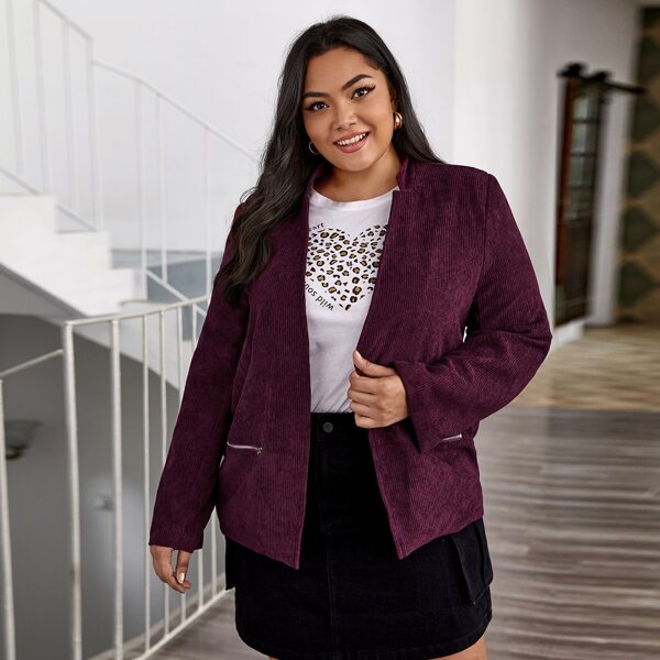 

Plus Open Front Zip Detail Corduroy Blazer, Maroon
