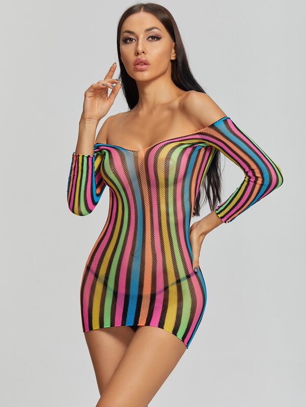 Colorful Striped Hollow-out Bardot Dress