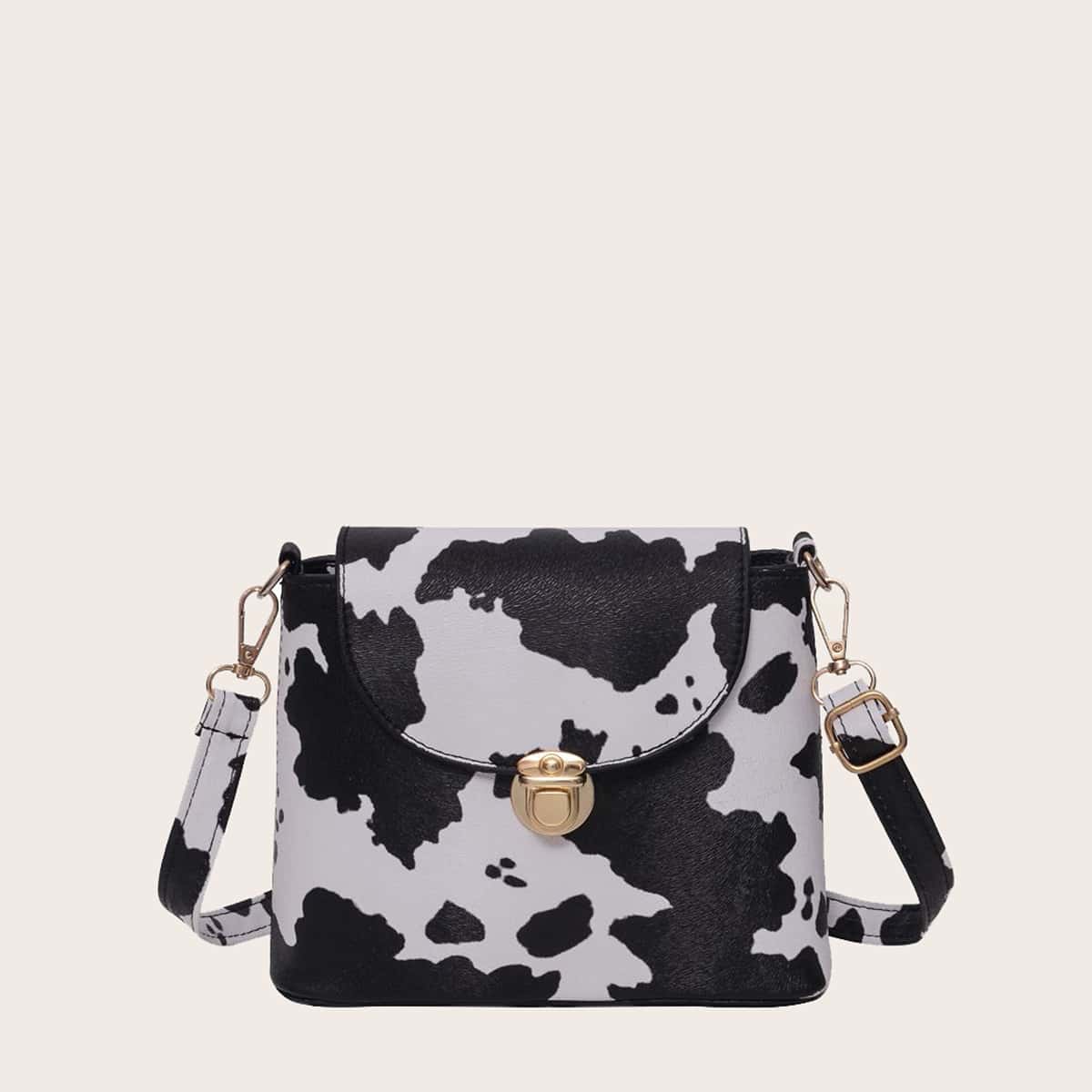 

Cow Print Crossbody Bag, Black and white