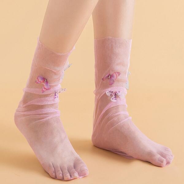 

Girls Butterfly Decor Mesh Socks, Pink