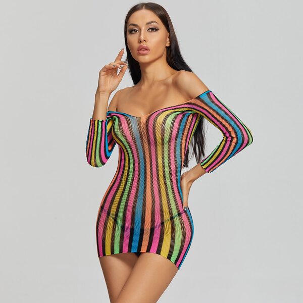 

Colorful Striped Hollow-out Bardot Dress, Multicolor