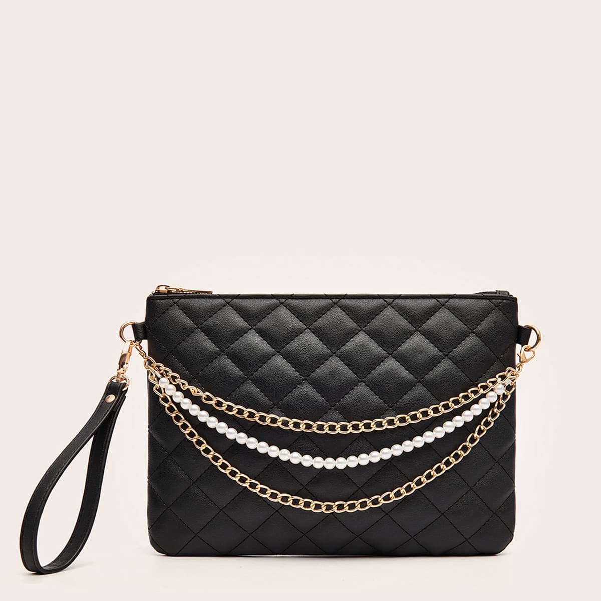 

Faux Pearl & Chain Decor Quilted Clutch Bag, Black