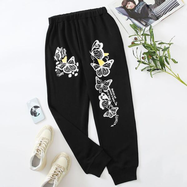 

Plus Butterfly & Letter Graphic Sweatpants, Black