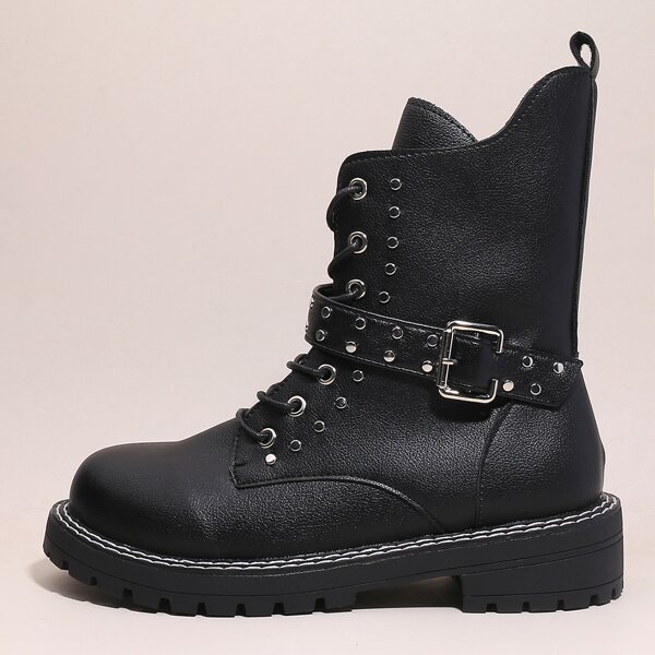 

Studded & Buckle Decor Combat Boots, Black