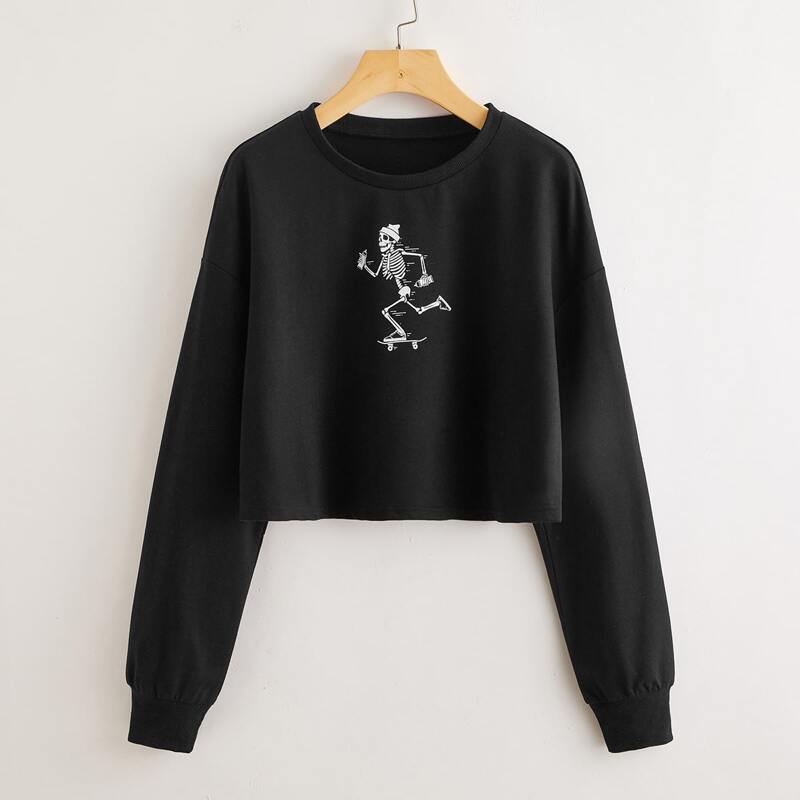 

Skull Graphic Crop Sweatshirt, Black