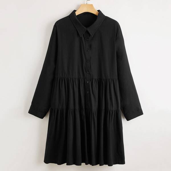

Plus Button Front Flounce Hem Dress, Black