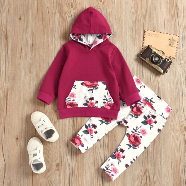 

Baby Girl Floral Print Kangaroo Pocket Hoodie & Sweatpants, Red and white