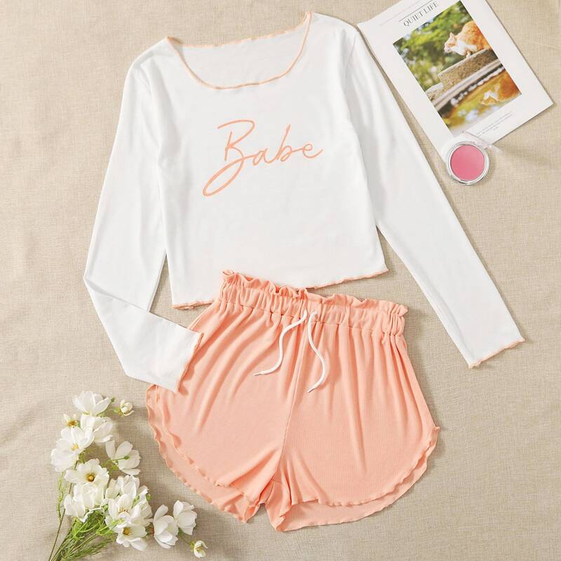 

Letter Print Lettuce Trim PJ Set, Multicolor