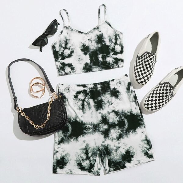 

Tie Dye Rib-knit Crop Cami Top & Biker Shorts Set, Black and white