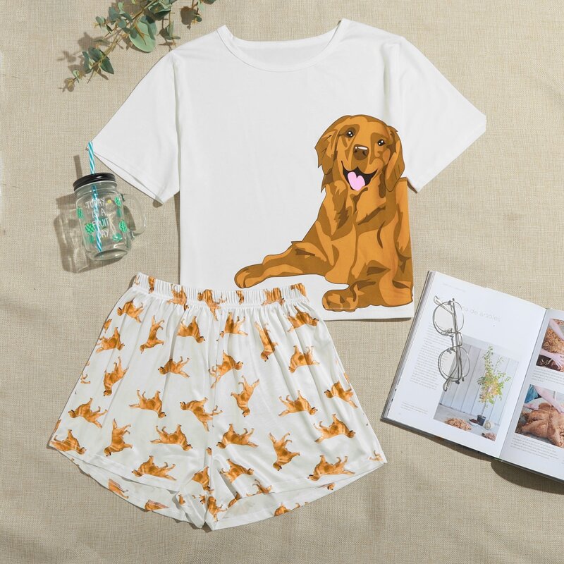 

Cartoon Dog Print Pajama Set, White