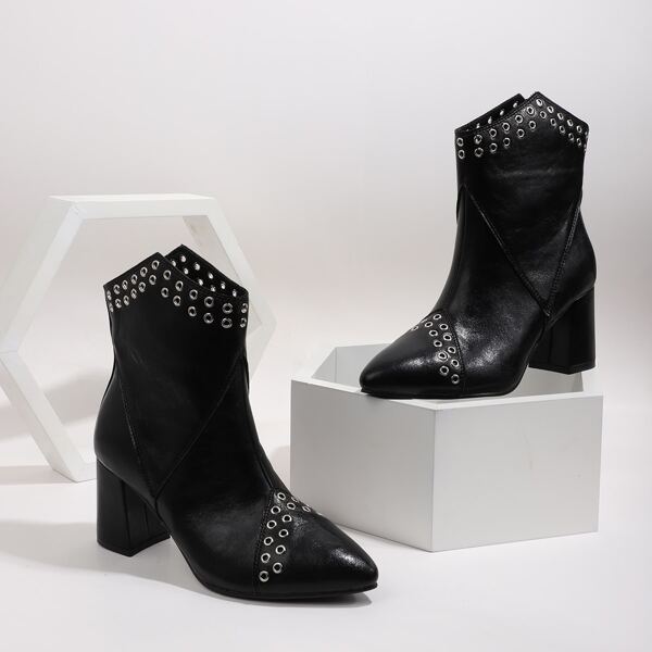 

Point Toe Eyelet Detail Chunky Heeled Boots, Black