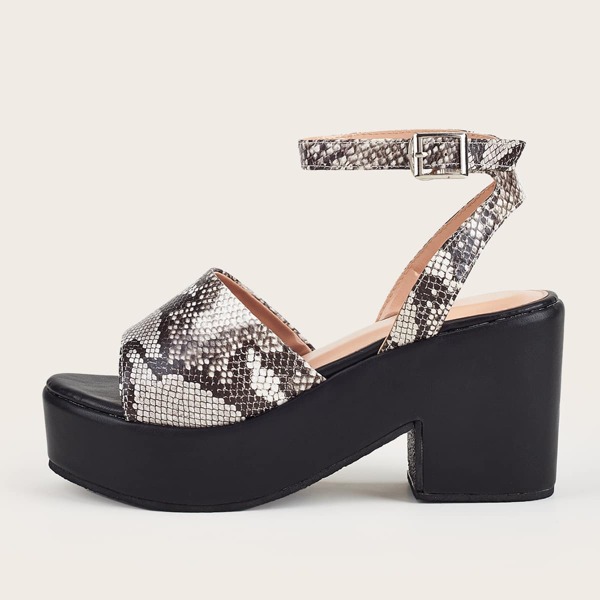 

Snakeskin Print Platform Chunky Heeled Sandals, Black and white