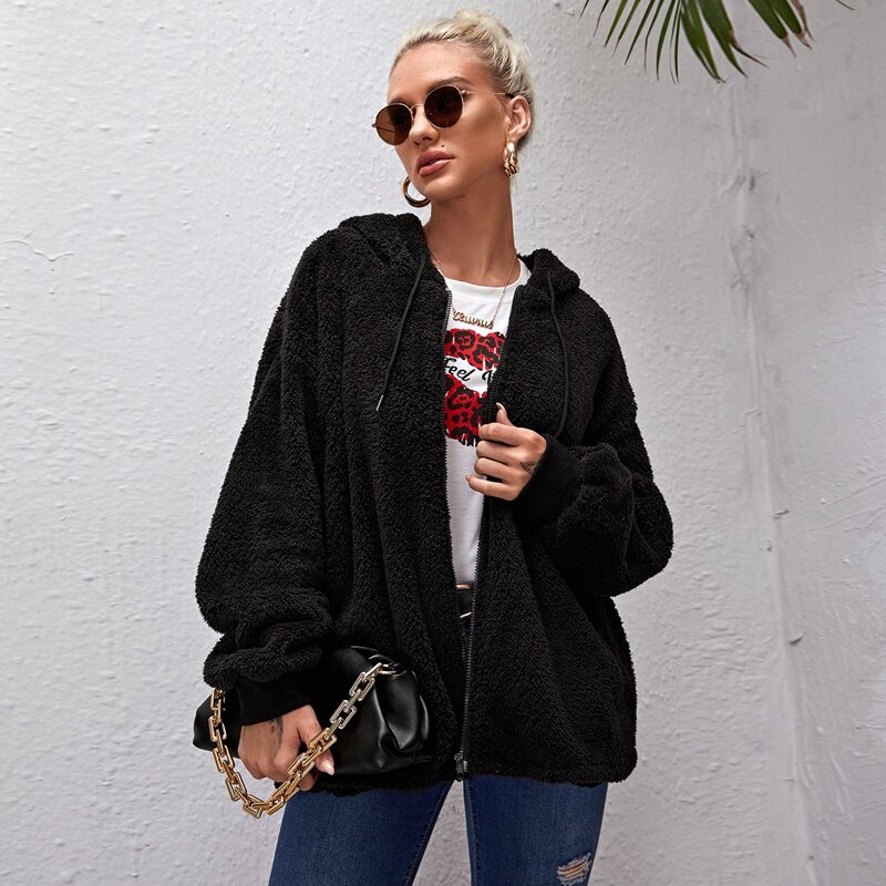 

Zip Up Drawstring Hooded Teddy Coat, Black
