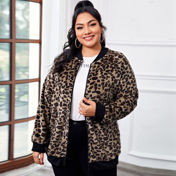 

Plus Leopard Print Bomber Jacket, Multicolor