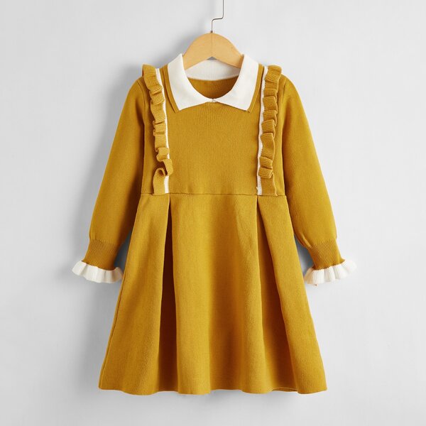 

Girls Ruffle Trim Flounce Sleeve Sweater Dress, Mustard yellow