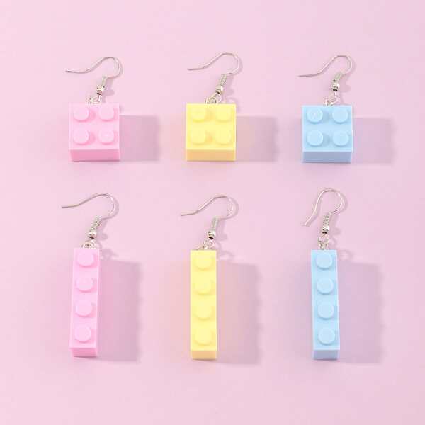 

3pairs Toddler Girls Building Blocks Drop Earrings, Multicolor