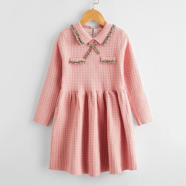 

Girls Contrast Trim Bow Detail Sweater Dress, Coral pink