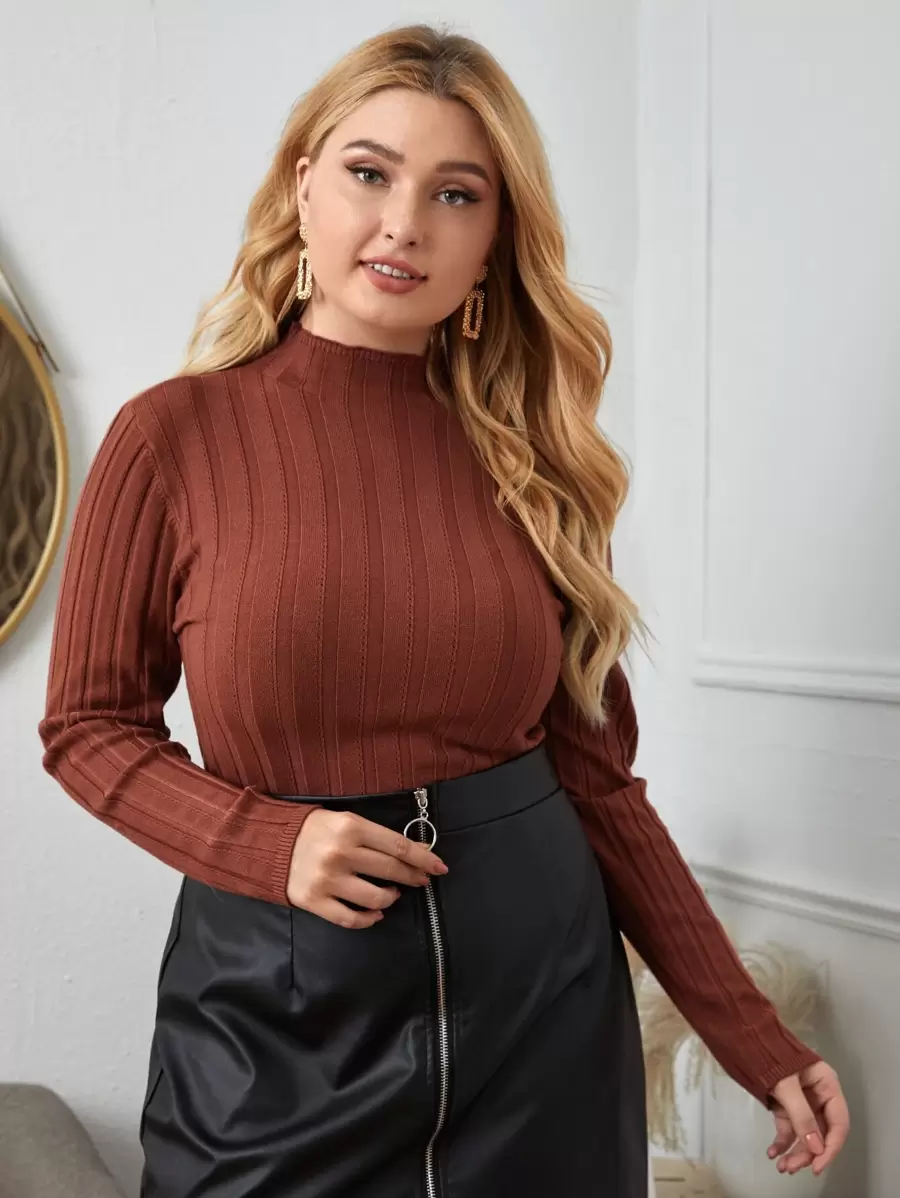 Calvaya Plus Solid Mock Neck Slim Sweater Knit Pullover Fall Winter Autumn - Rust Brown - View 1