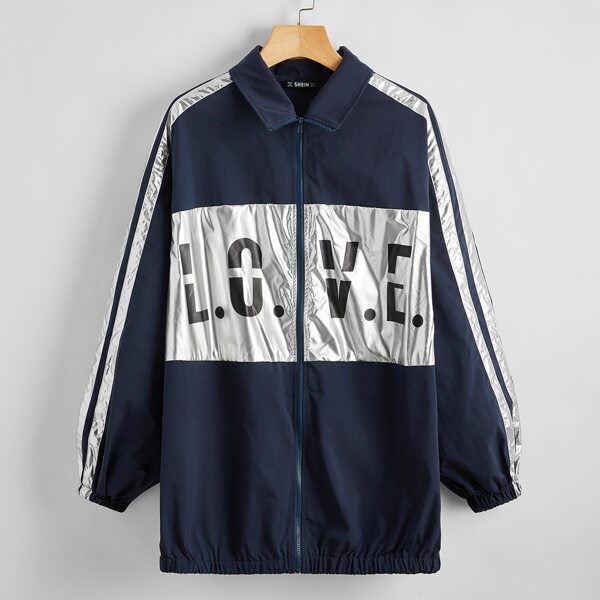

Letter Graphic Panel Striped Side Jacket, Navy blue