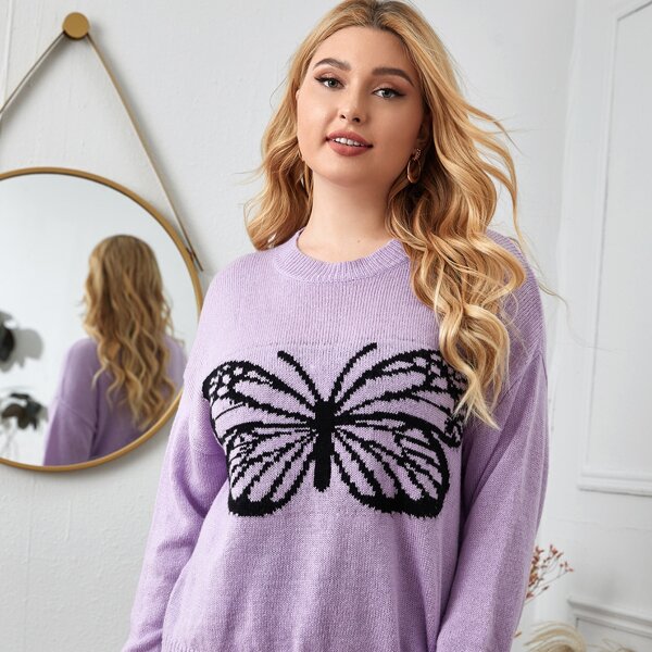 

Plus Butterfly Pattern Drop Shoulder Sweater, Lilac purple