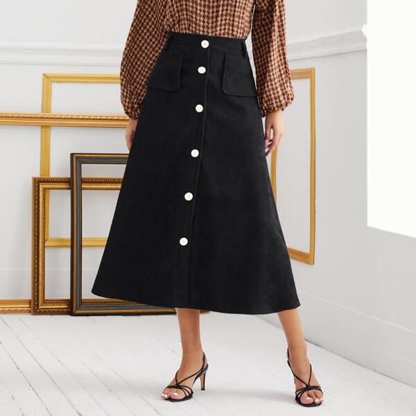 

Solid Button Front Corduroy Skirt, Black
