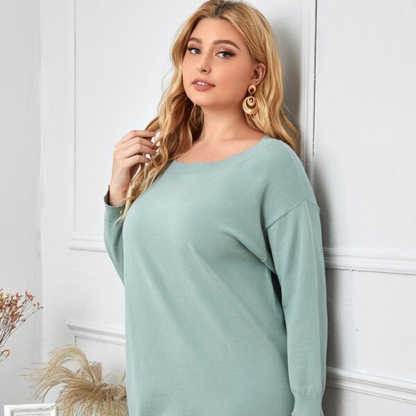 

Plus Boat Neck Drop Shoulder Sweater Dress, Mint green