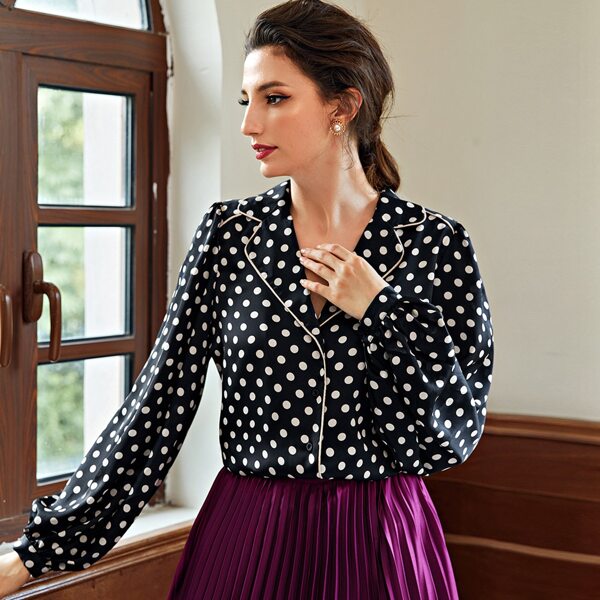 

Polka Dot Lapel Neck Contrast Piping Satin Blouse, Black