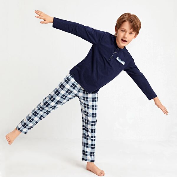 

Boys Half Placket Top & Plaid Pants PJ Set, Multicolor