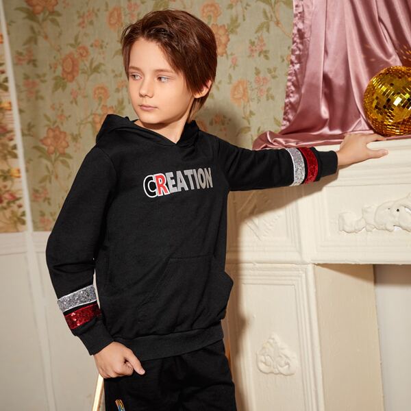 

Boys Letter Graphic Contrast Sequin Tape Detail Hoodie, Black