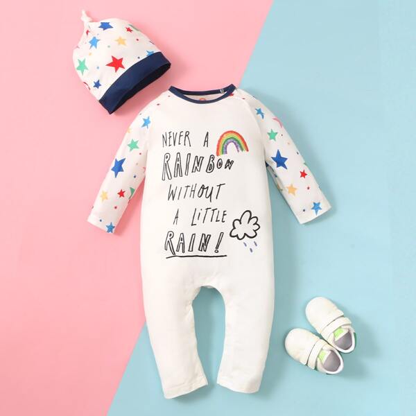 

Baby Unisex Slogan & Star Print Jumpsuit & Hat, White