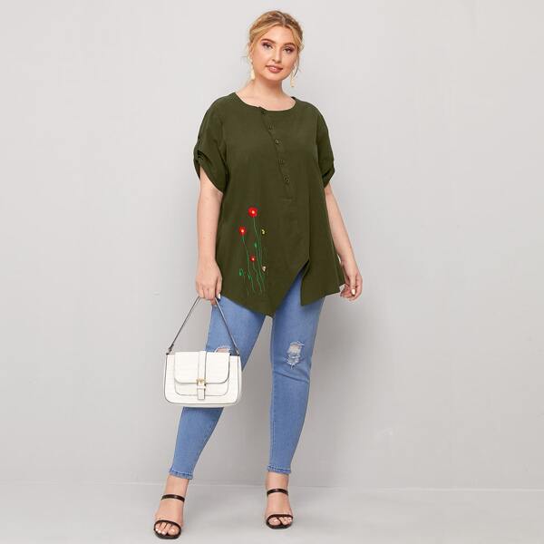 

Plus Floral Embroidery Asymmetrical Hem Blouse, Army green