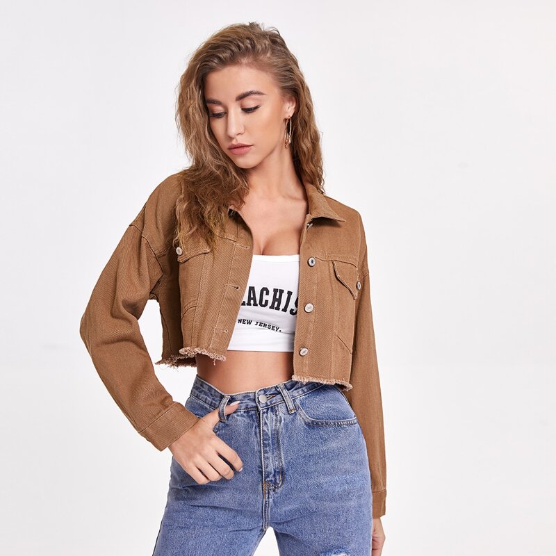 

Solid Raw Hem Crop Denim Jacket, Mocha brown