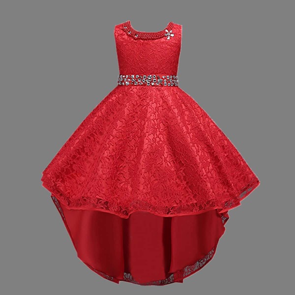 

Girls Lace Overlay Rhinestone Waist Dip Hem Gown Dress, Red
