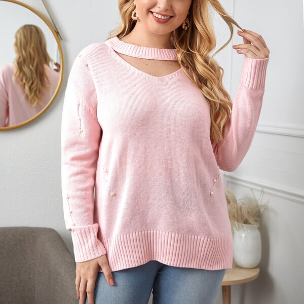 

Plus Pearls Beaded Choker Neck Sweater, Baby pink