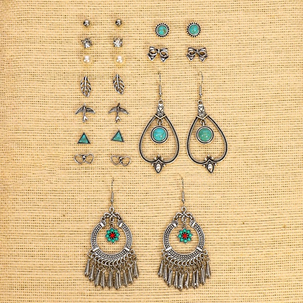 

11pairs Heart & Tassel Decor Drop Earrings, Silver