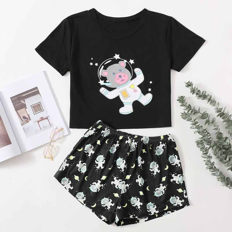 

Cartoon And Galaxy Print Pajama Set, Black