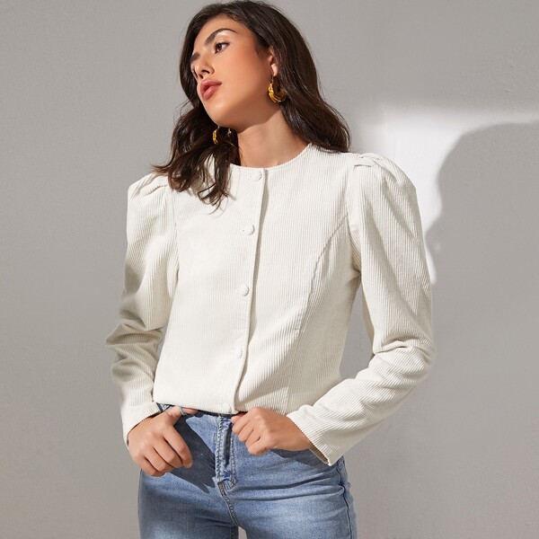 

Button Up Puff Sleeve Cord Jacket, White