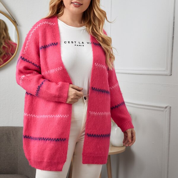 

Plus Drop Shoulder Striped Fuzzy Cardigan, Pink