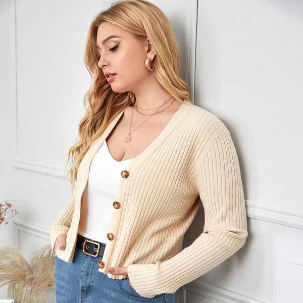 

Plus Solid Button Up Cardigan, Beige