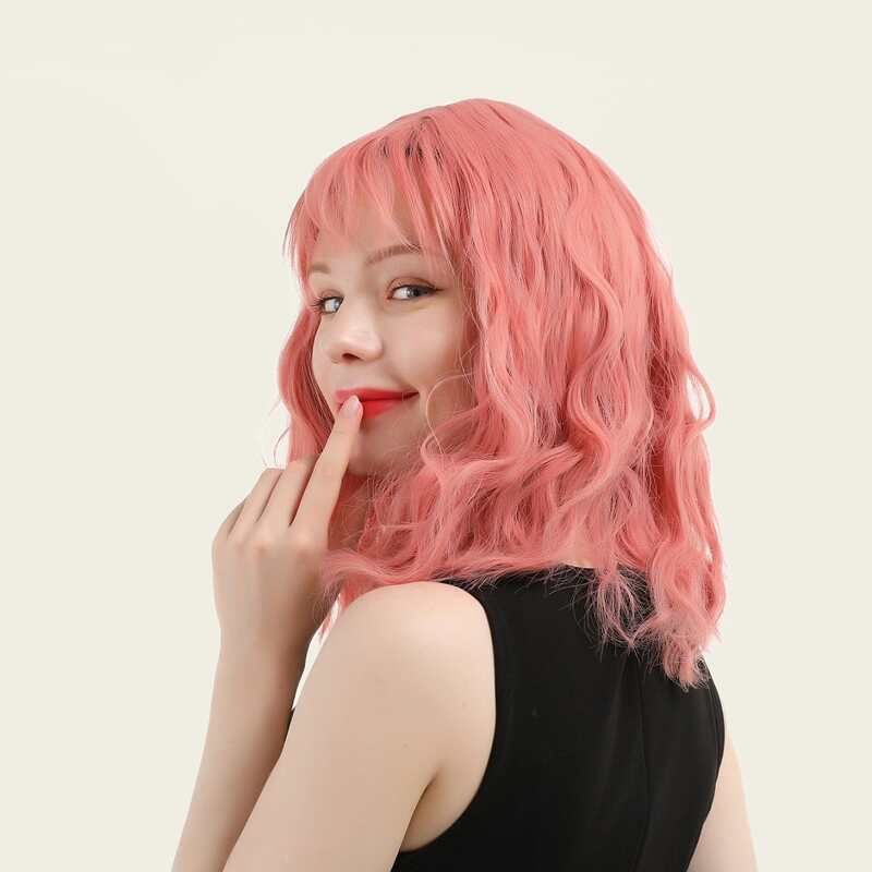 

1pc Short Curly Hair Wig With Bangs, Pink